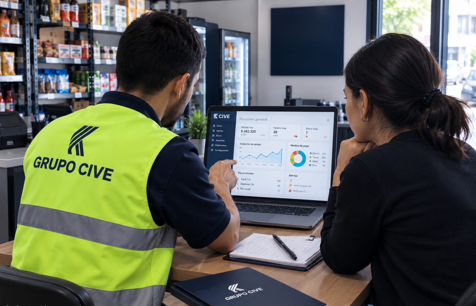 Profesional de Grupo CIVE analizando información de gestión junto a una comerciante