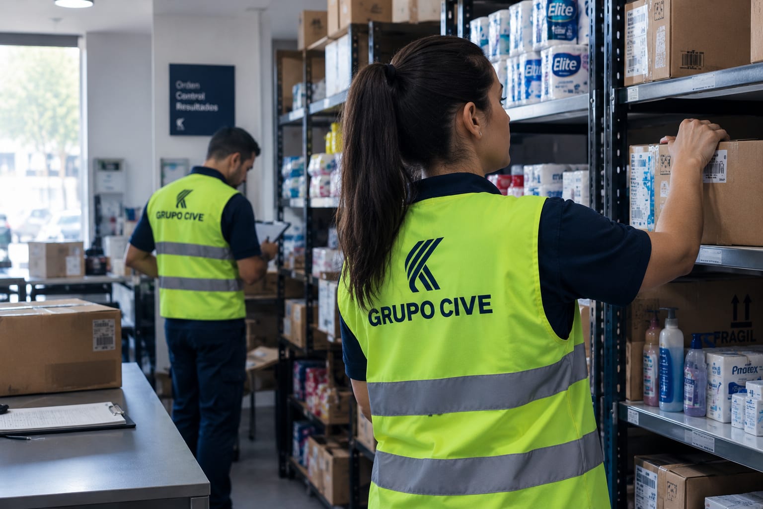 Equipo de Grupo CIVE organizando productos en las estanterías de un comercio