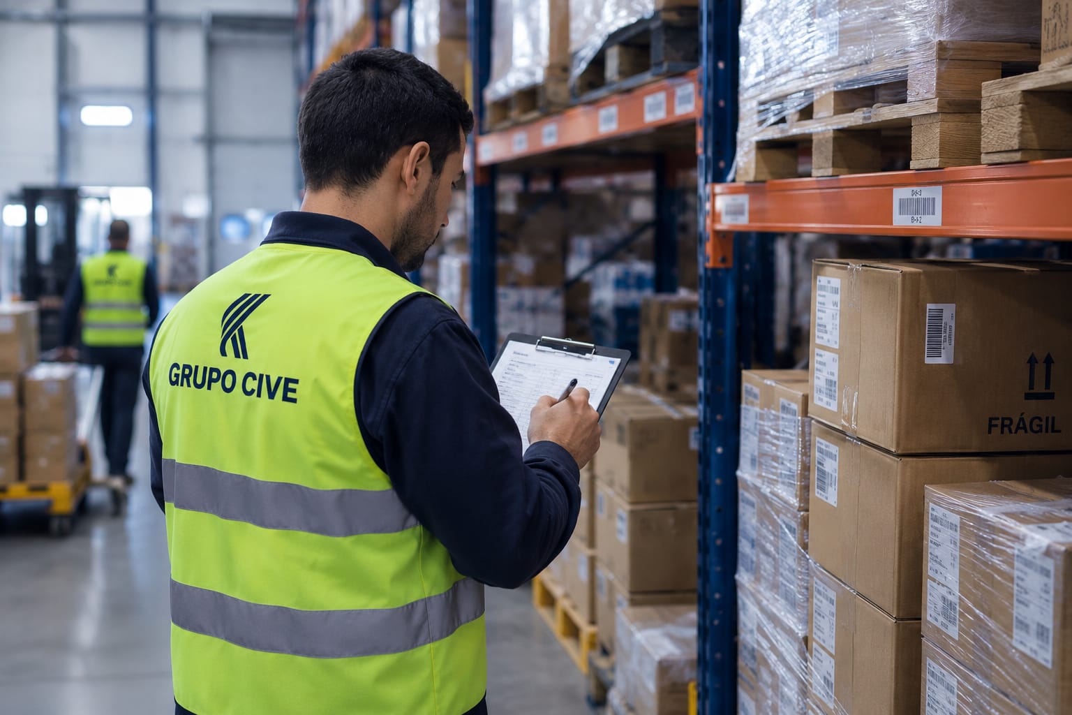 Personal de Grupo CIVE realizando un control físico de mercadería en un depósito