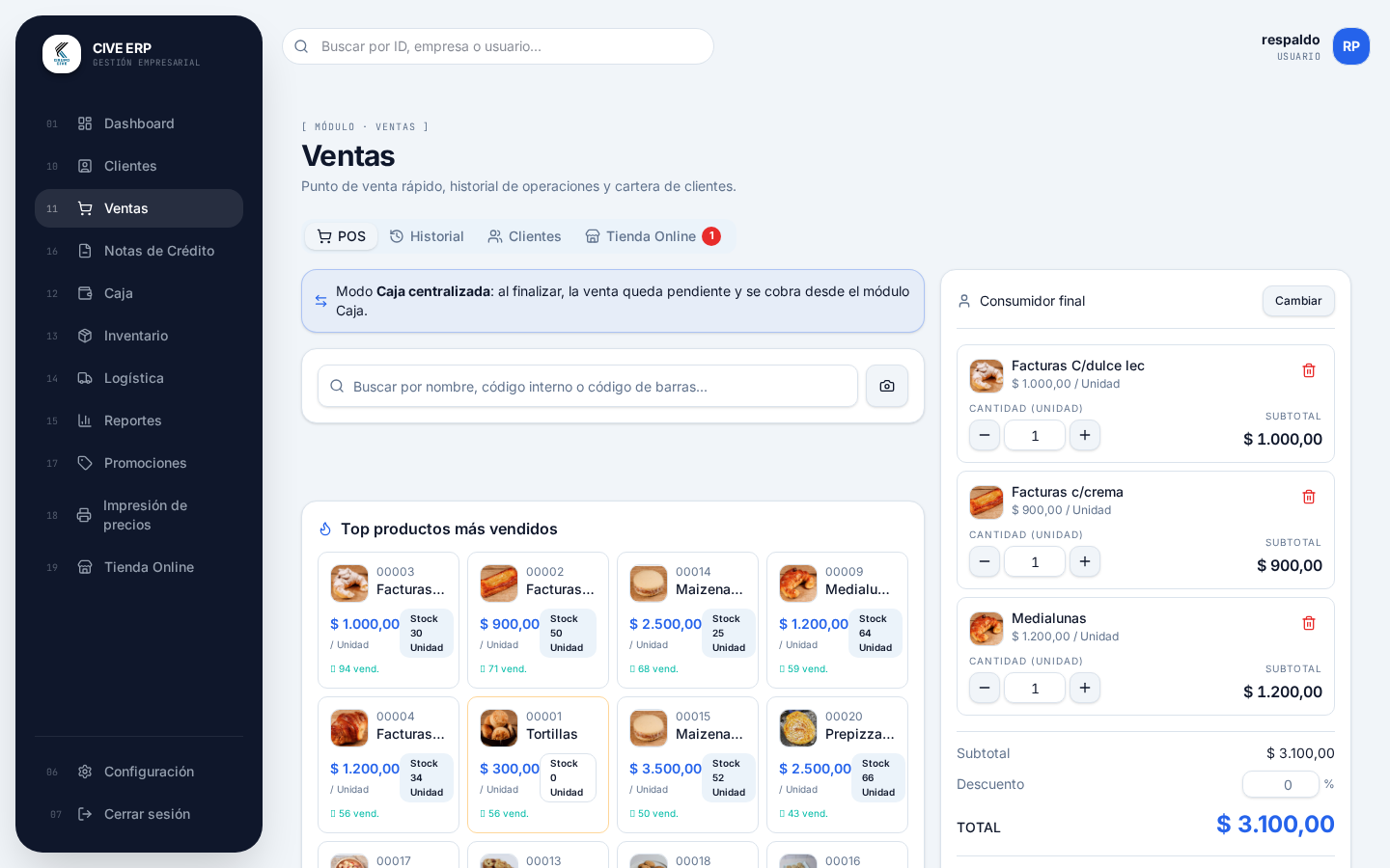 Pantalla de ventas del Sistema CIVE con el carrito de compra en uso